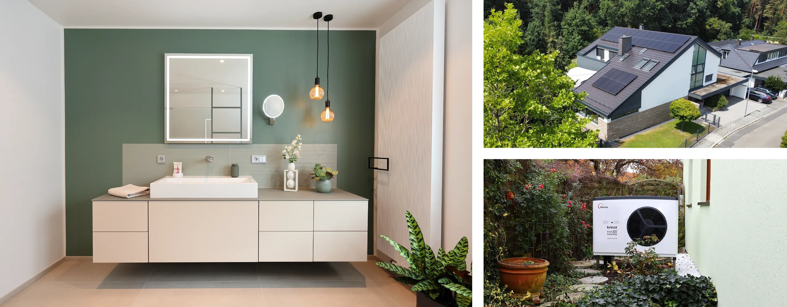 Collage aus einem Waschtisch, einem Haus und einer Heizungsanlage.